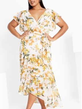 Blush White Wrap High-Low Dress with Yellow Floral Print